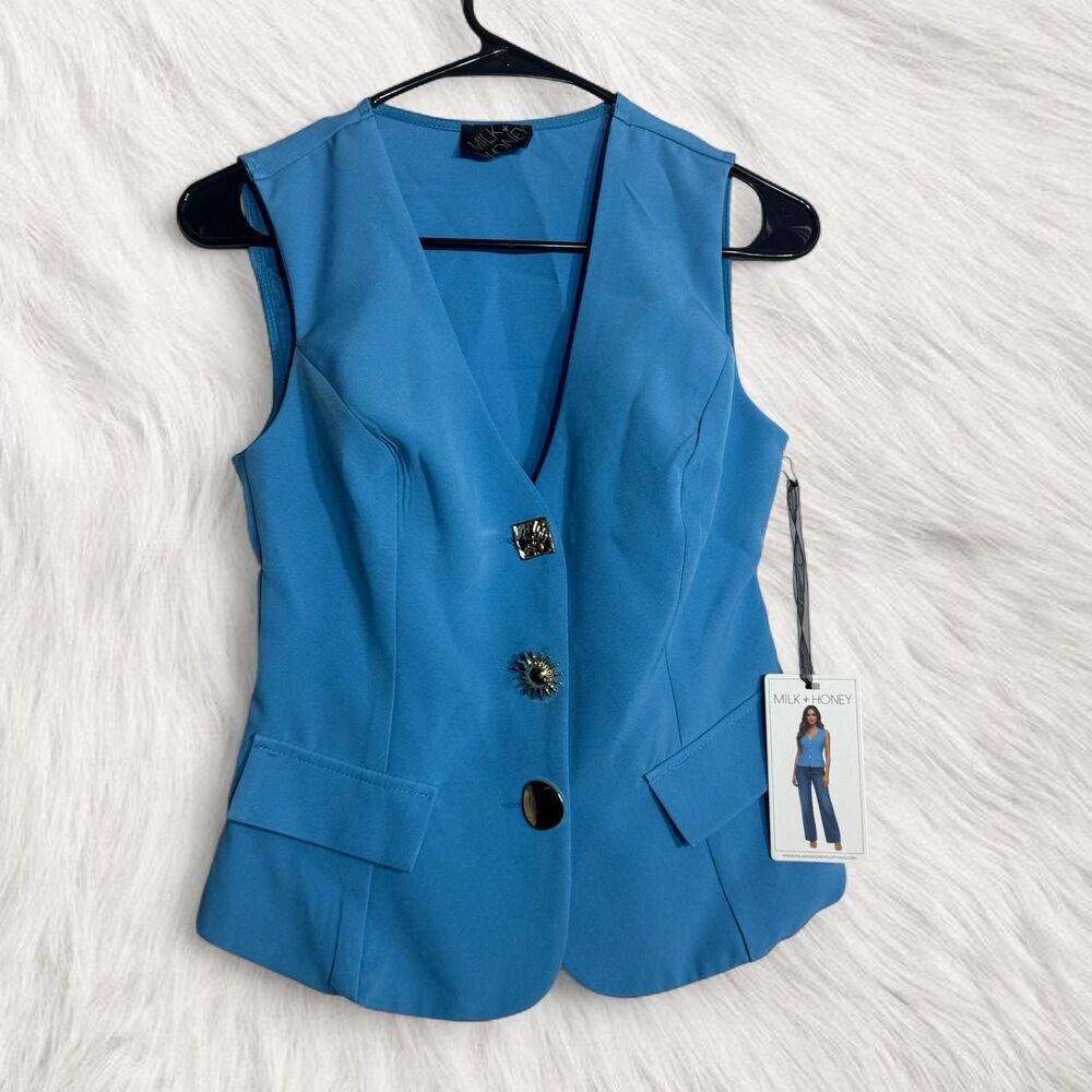Milk & Honey Coquette Kennedy blue vest gold eccentric buttons Size XS Preppy